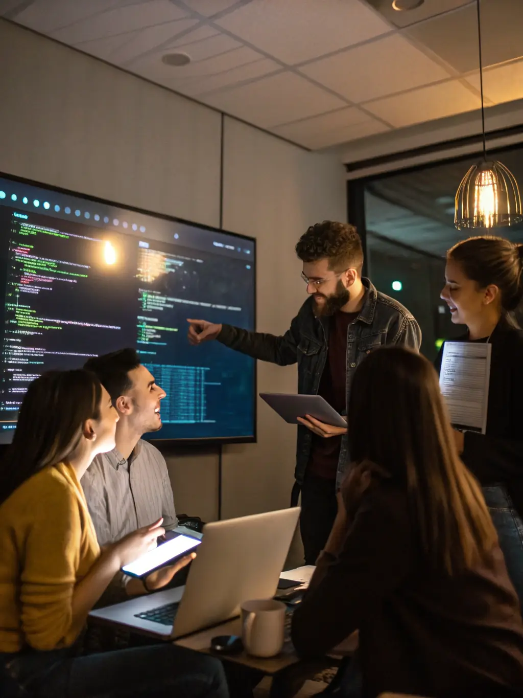 An image showcasing a team of developers collaborating over a digital interface with code and diagrams, representing Rohkus's custom technological solutions.