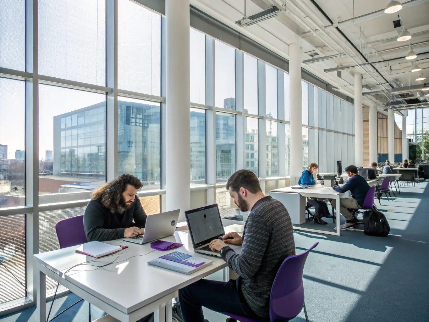 A modern office space with developers collaborating on a software project, showcasing Rohkus's expertise in creating custom technological solutions.